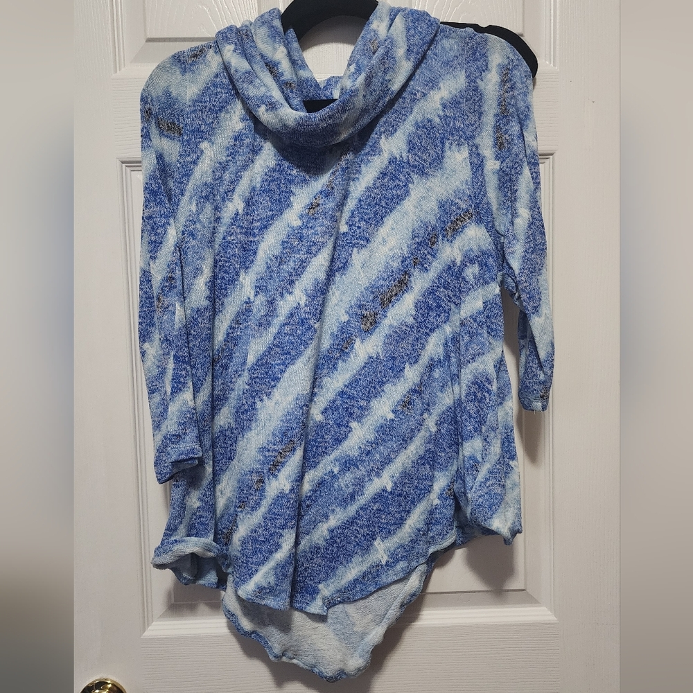 Ruby Rd. Blue and White Cowl Neck Sweater